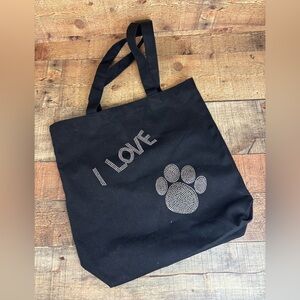 Black Canvas Tote Bag “I Love “Paw” Dogs Animals 13.5”x13.5” Embellished Gift